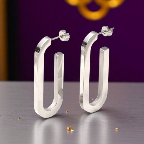 🆕 Bold & Minimalist 18K White Gold Plated Stainless Steel U-Shape Earrings - Picture 5 of 10